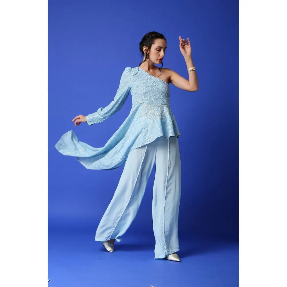 MONK & MEI Zeenat Chikankari Top & Palazzo Set - Ice Blue
