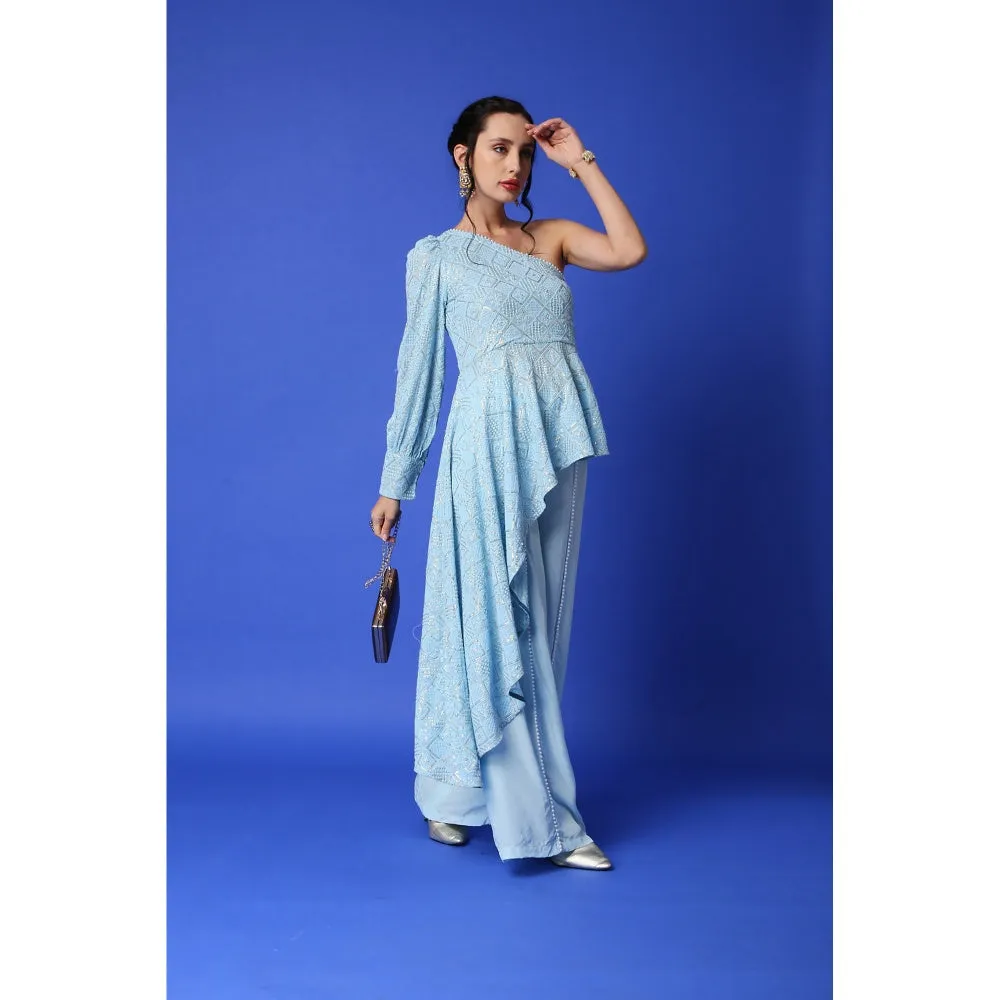 MONK & MEI Zeenat Chikankari Top & Palazzo Set - Ice Blue