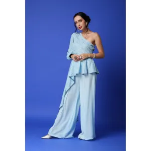 MONK & MEI Zeenat Chikankari Top & Palazzo Set - Ice Blue