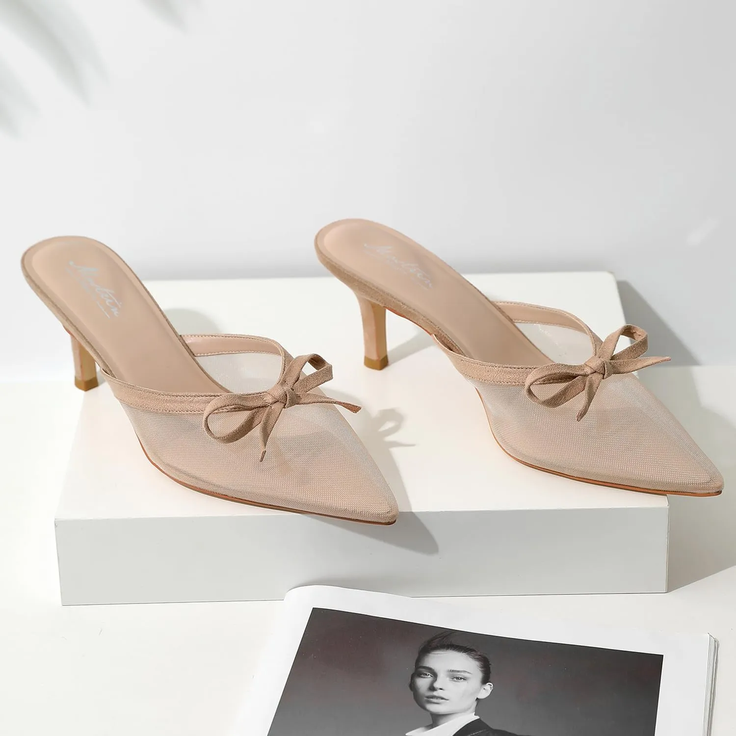 Mostrin Kitten Mules Heels for Women Pointed Closed Toe Heels Vintage Slip on Stiletto Dressy Pumps Shoes