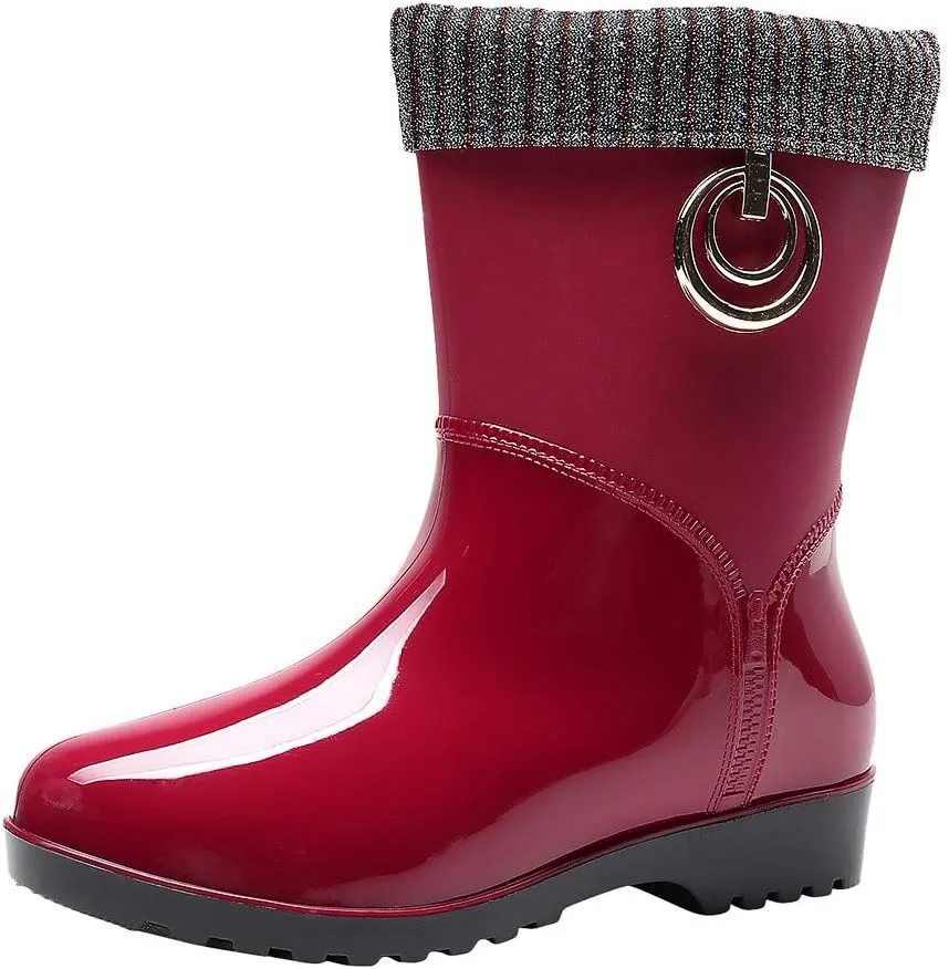 NLOMOCT Rain Boots for Women Women's Mid Calf Rain Boots Printed Waterproof Rubber Boots Short Garden Shoes Outdoor Work Shoes 04 Red