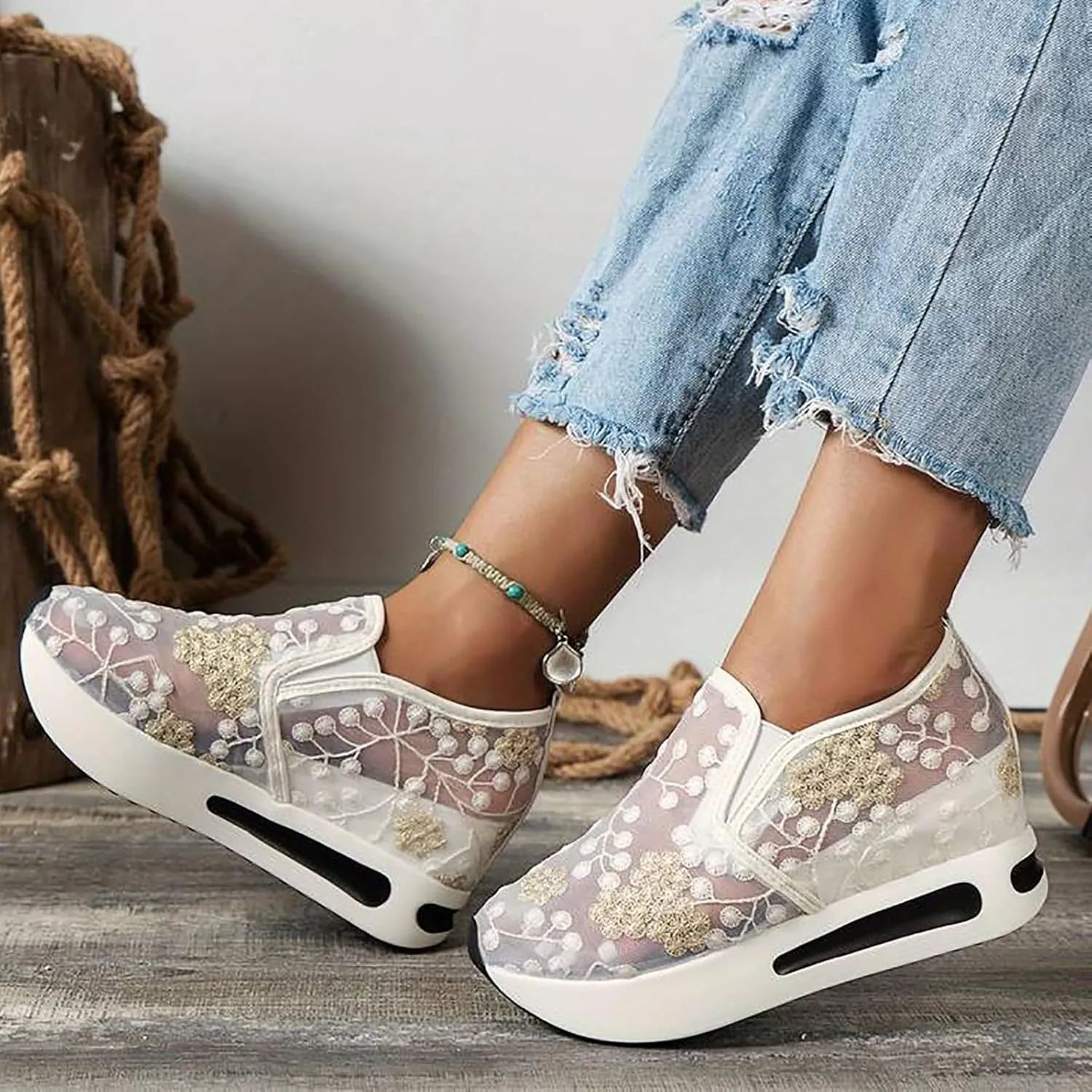 Platform Wedge Sneakers for Women Fashion Floral Embroidered Mesh Shoe Comfort Chunky Sole Hidden High Heels Slip On Loafers Dressy Casual Breathable Walking Shoes with Arch Support
