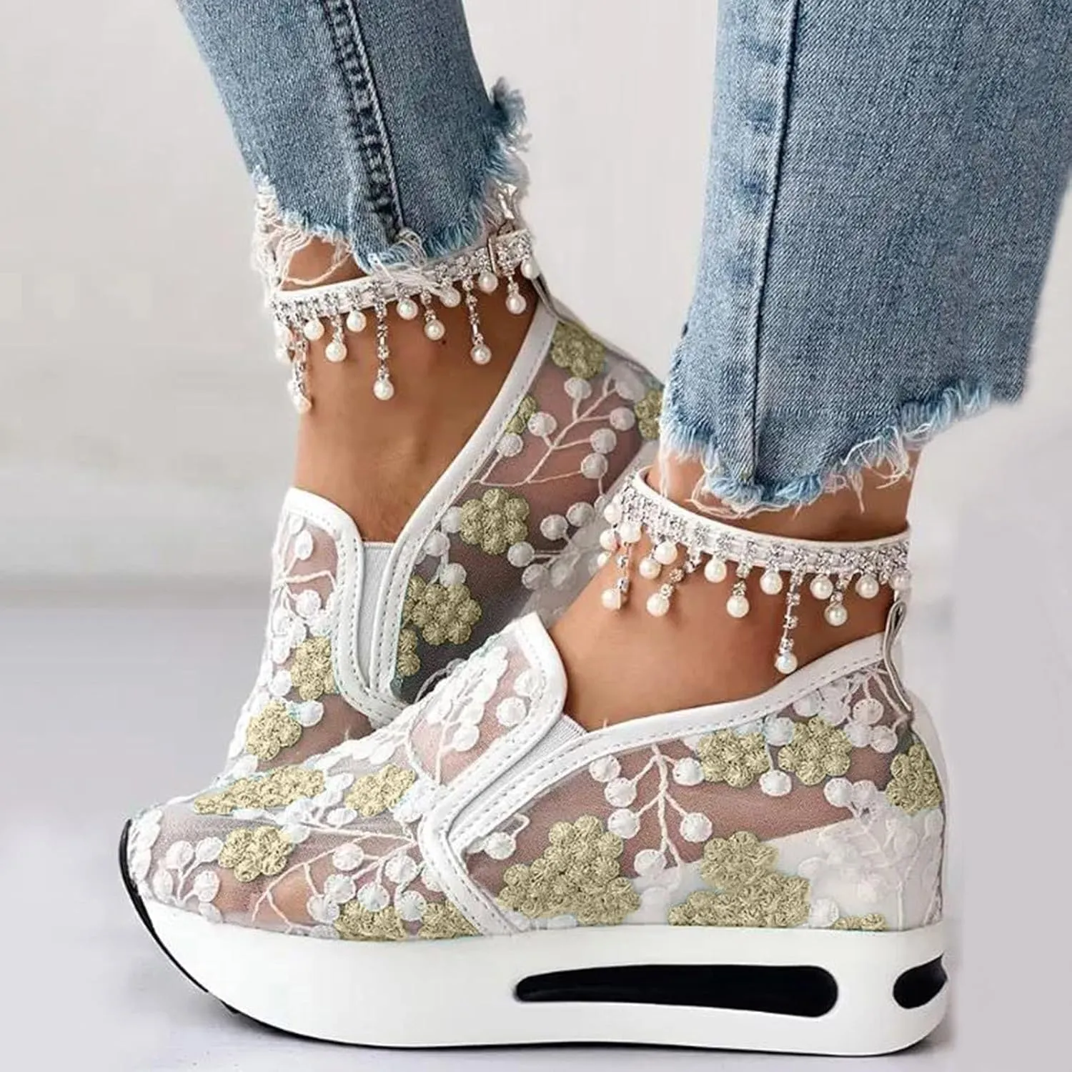 Platform Wedge Sneakers for Women Fashion Floral Embroidered Mesh Shoe Comfort Chunky Sole Hidden High Heels Slip On Loafers Dressy Casual Breathable Walking Shoes with Arch Support