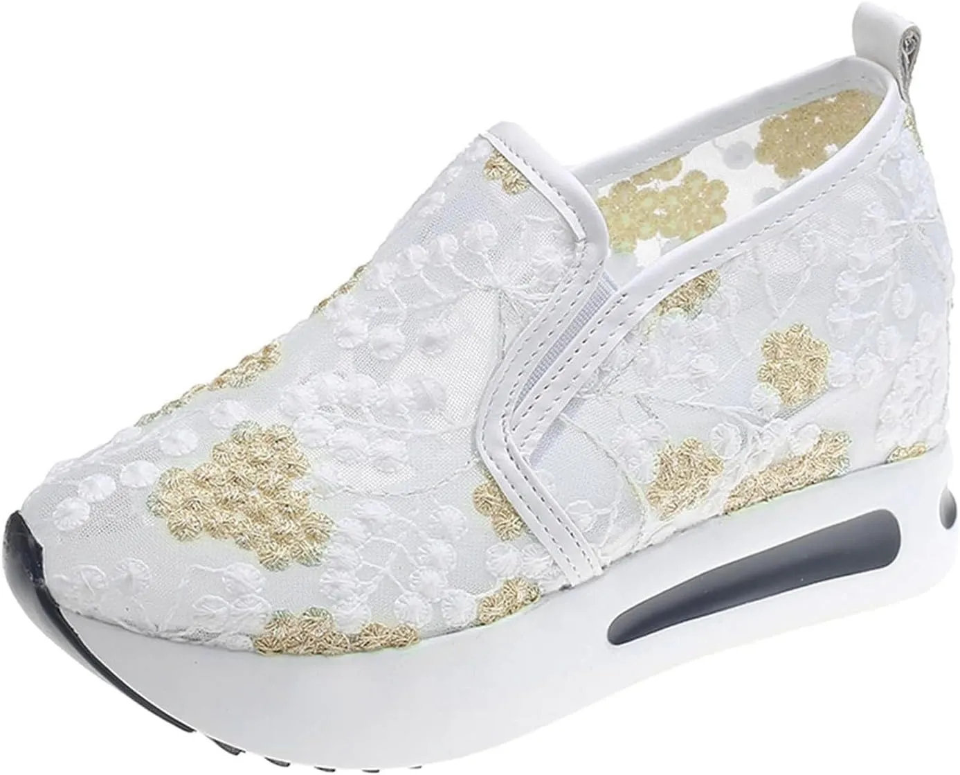 Platform Wedge Sneakers for Women Fashion Floral Embroidered Mesh Shoe Comfort Chunky Sole Hidden High Heels Slip On Loafers Dressy Casual Breathable Walking Shoes with Arch Support