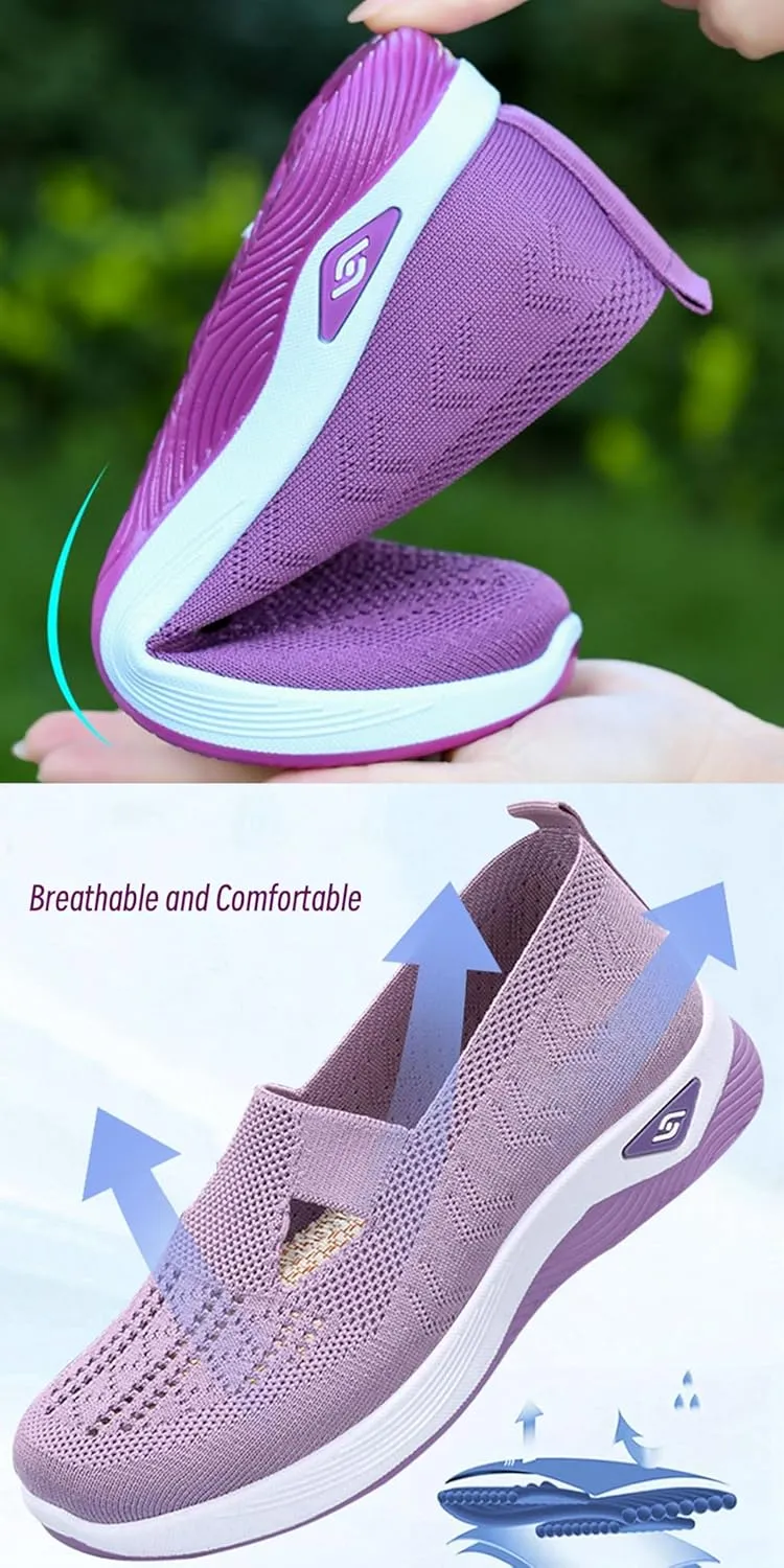 Slip on Trainers Women Wide Fit Ladies Breathable Mesh Walking Running Shoes, Women Orthopedic Casual Shoes, Lightweight Athletic Walking Trainers with Arch Support Memory Foam