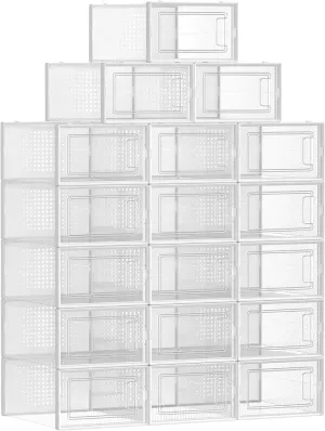 SONGMICS Pack of 18 Foldable and Stackable Shoe Boxes Fit up to AU Size 11 Transparent and White