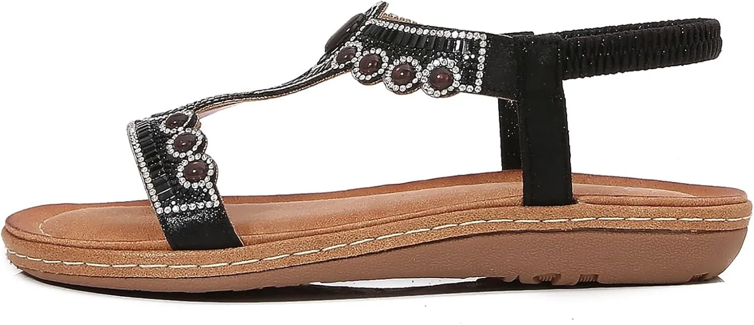 Stylish Women's Flat Sandals with Rhinestones, Comfortable Bohemian Casual Summer Footwear for Outdoor and
