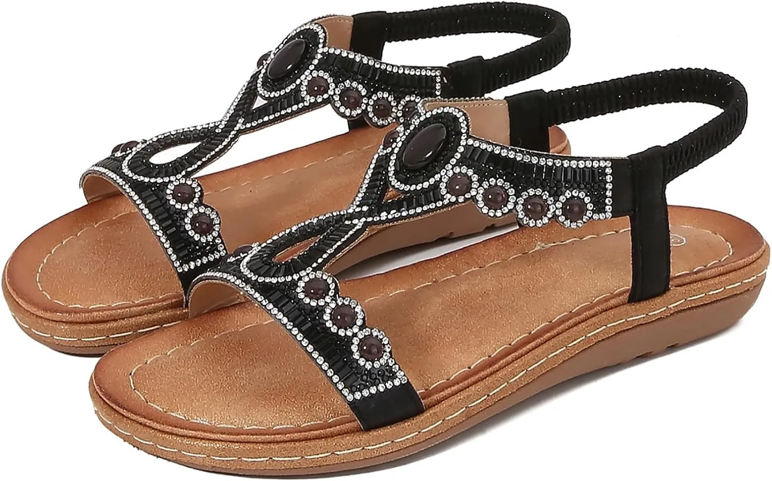 Stylish Women's Flat Sandals with Rhinestones, Comfortable Bohemian Casual Summer Footwear for Outdoor and