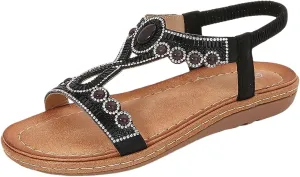 Stylish Women's Flat Sandals with Rhinestones, Comfortable Bohemian Casual Summer Footwear for Outdoor and