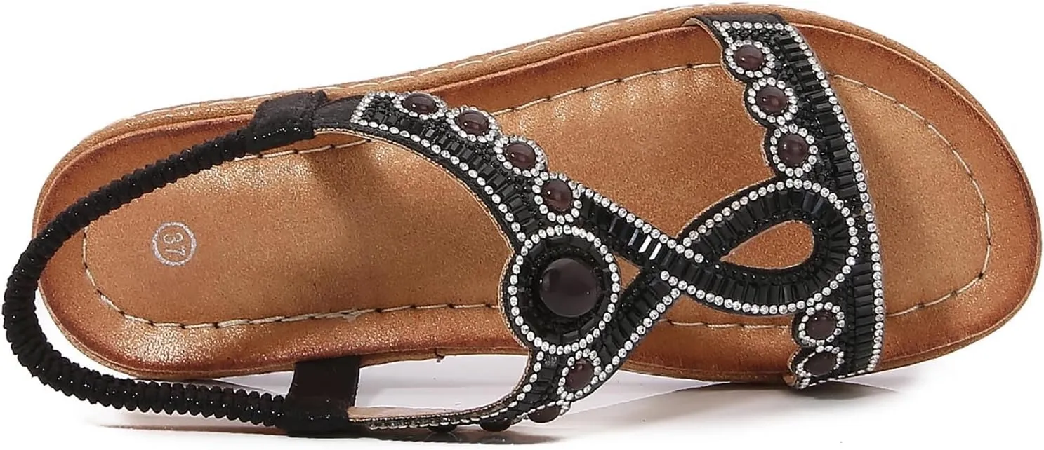Stylish Women's Flat Sandals with Rhinestones, Comfortable Bohemian Casual Summer Footwear for Outdoor and