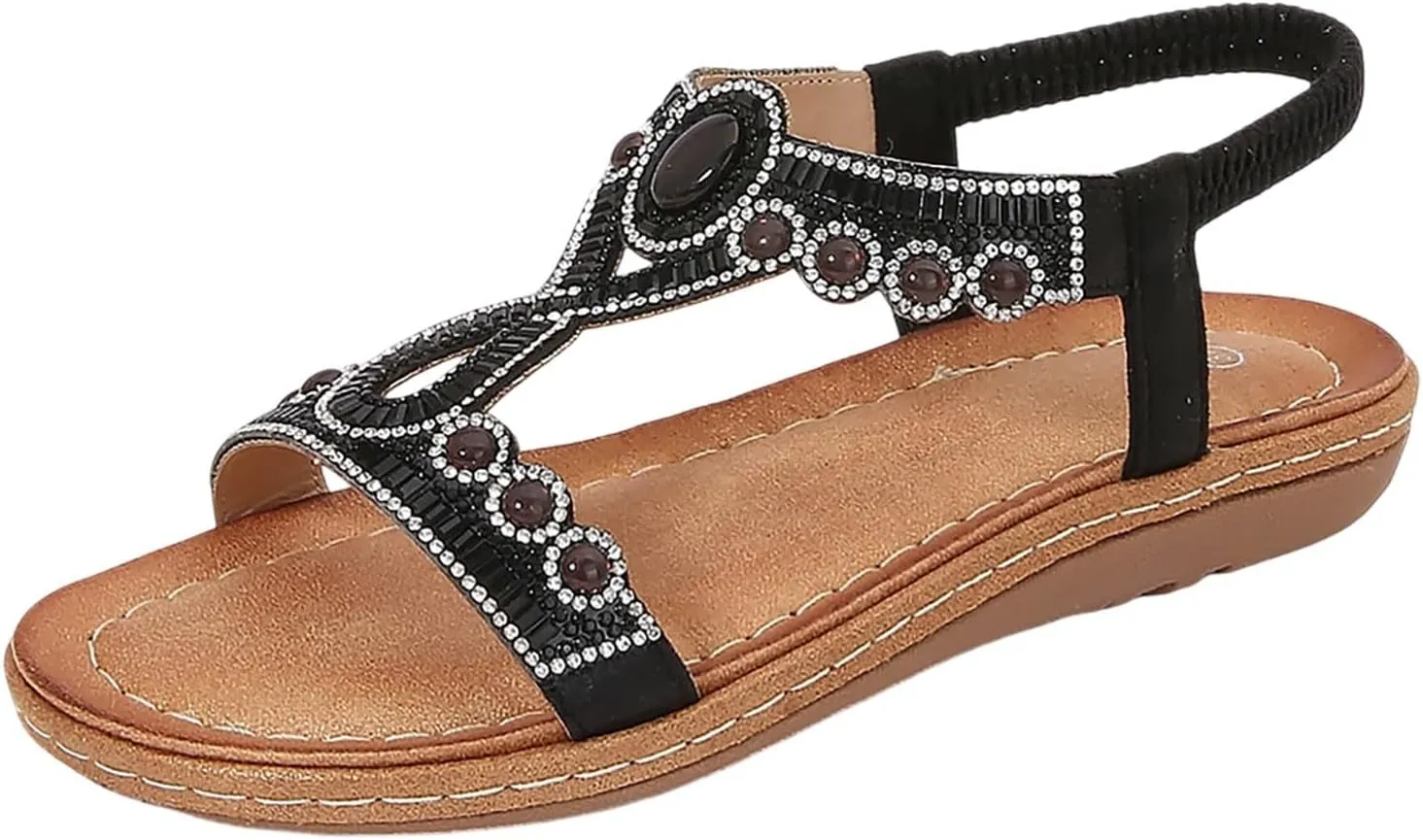 Stylish Women's Flat Sandals with Rhinestones, Comfortable Bohemian Casual Summer Footwear for Outdoor and