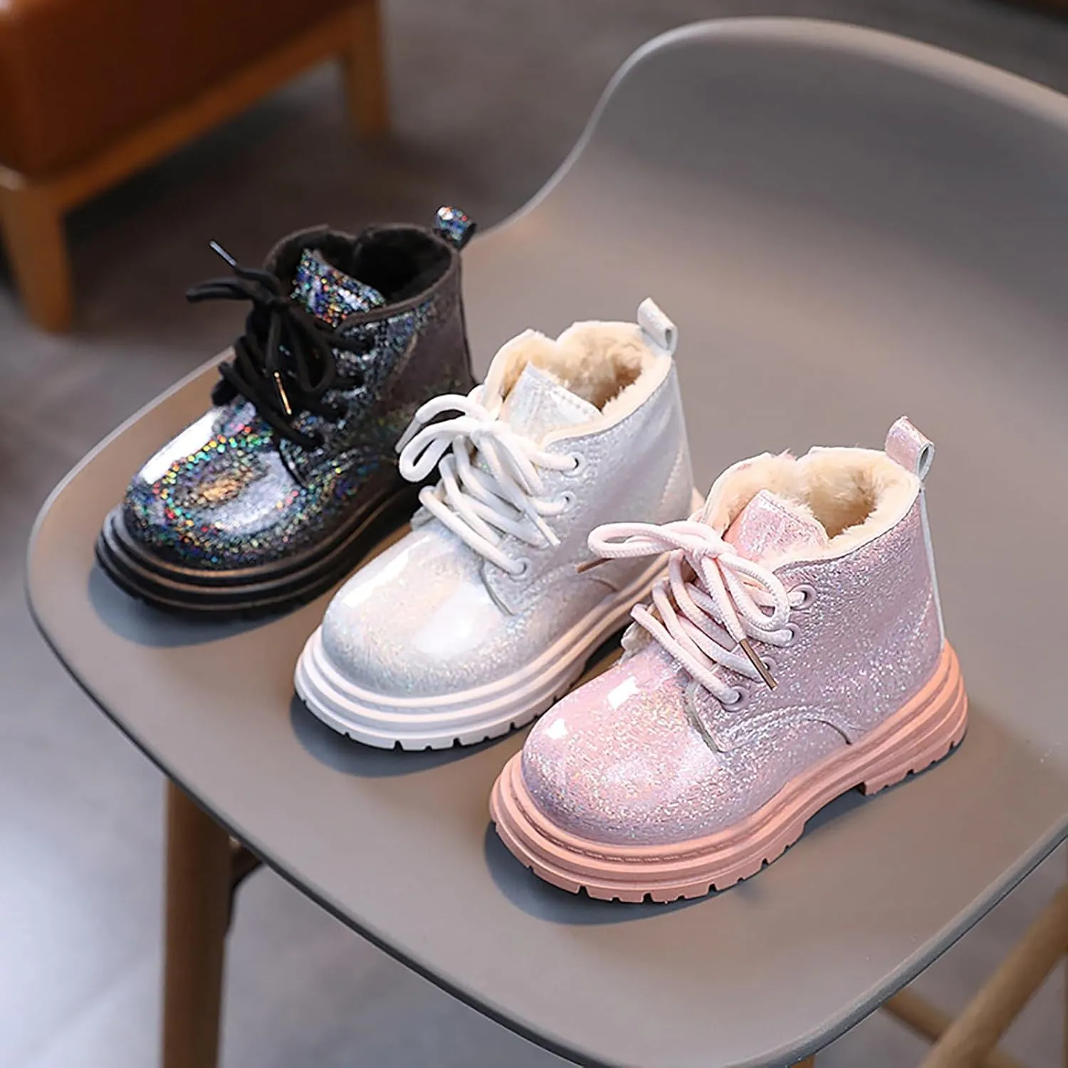Toddler Winter Boots Little Boys Girls Sparkling Fleece Lined Outdoor Snow Shoes Lace Up Glitter Ankle Boot Shoes