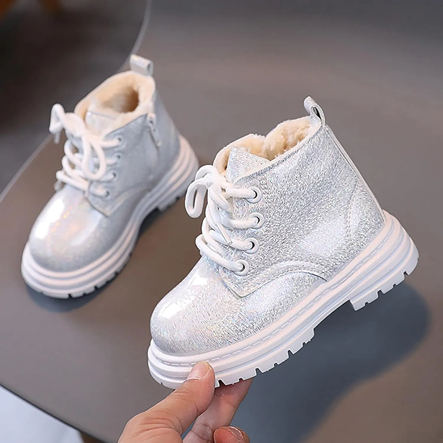 Toddler Winter Boots Little Boys Girls Sparkling Fleece Lined Outdoor Snow Shoes Lace Up Glitter Ankle Boot Shoes