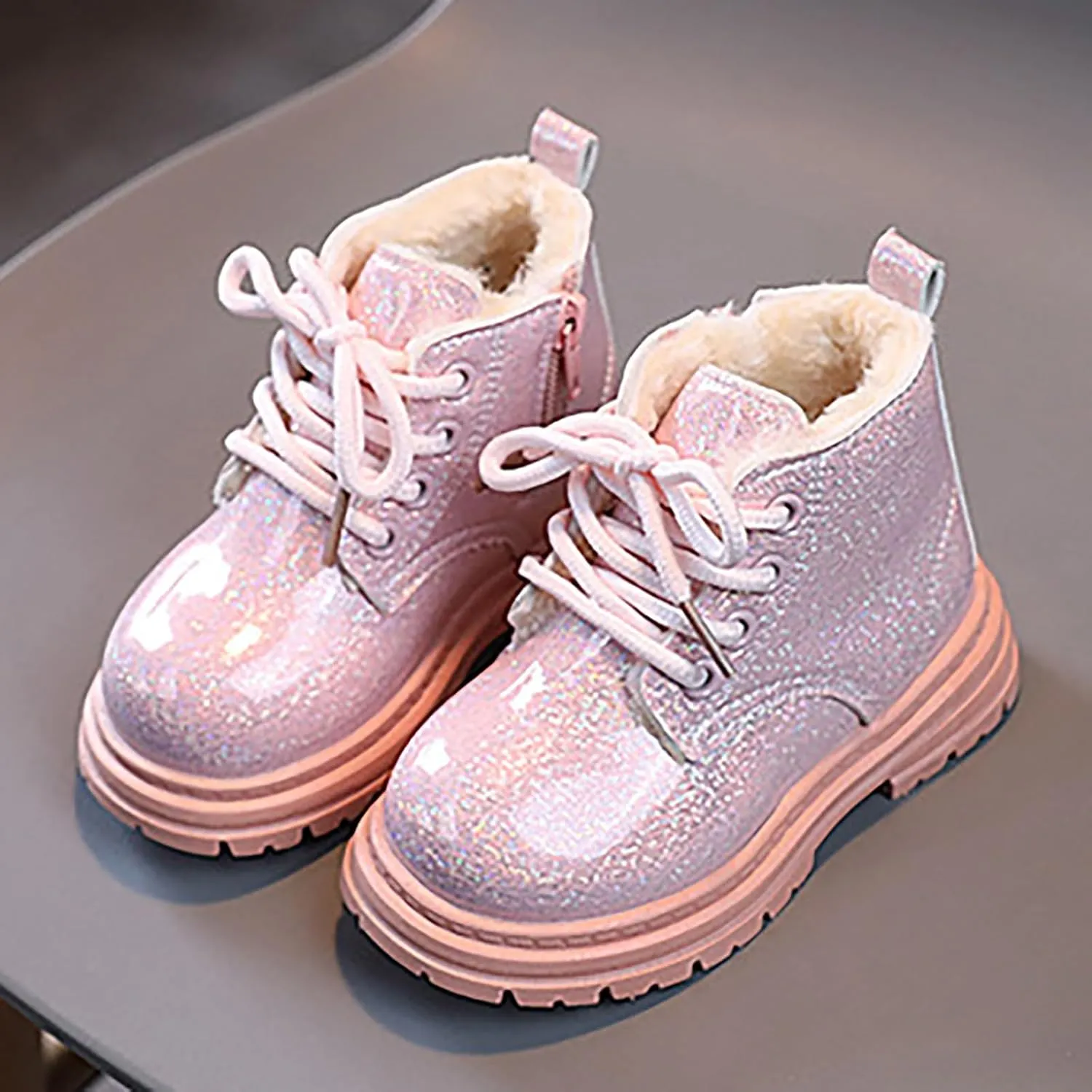Toddler Winter Boots Little Boys Girls Sparkling Fleece Lined Outdoor Snow Shoes Lace Up Glitter Ankle Boot Shoes