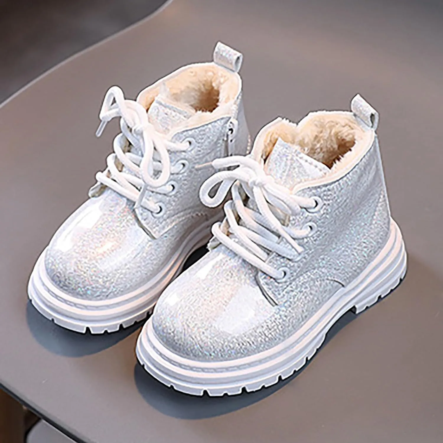 Toddler Winter Boots Little Boys Girls Sparkling Fleece Lined Outdoor Snow Shoes Lace Up Glitter Ankle Boot Shoes