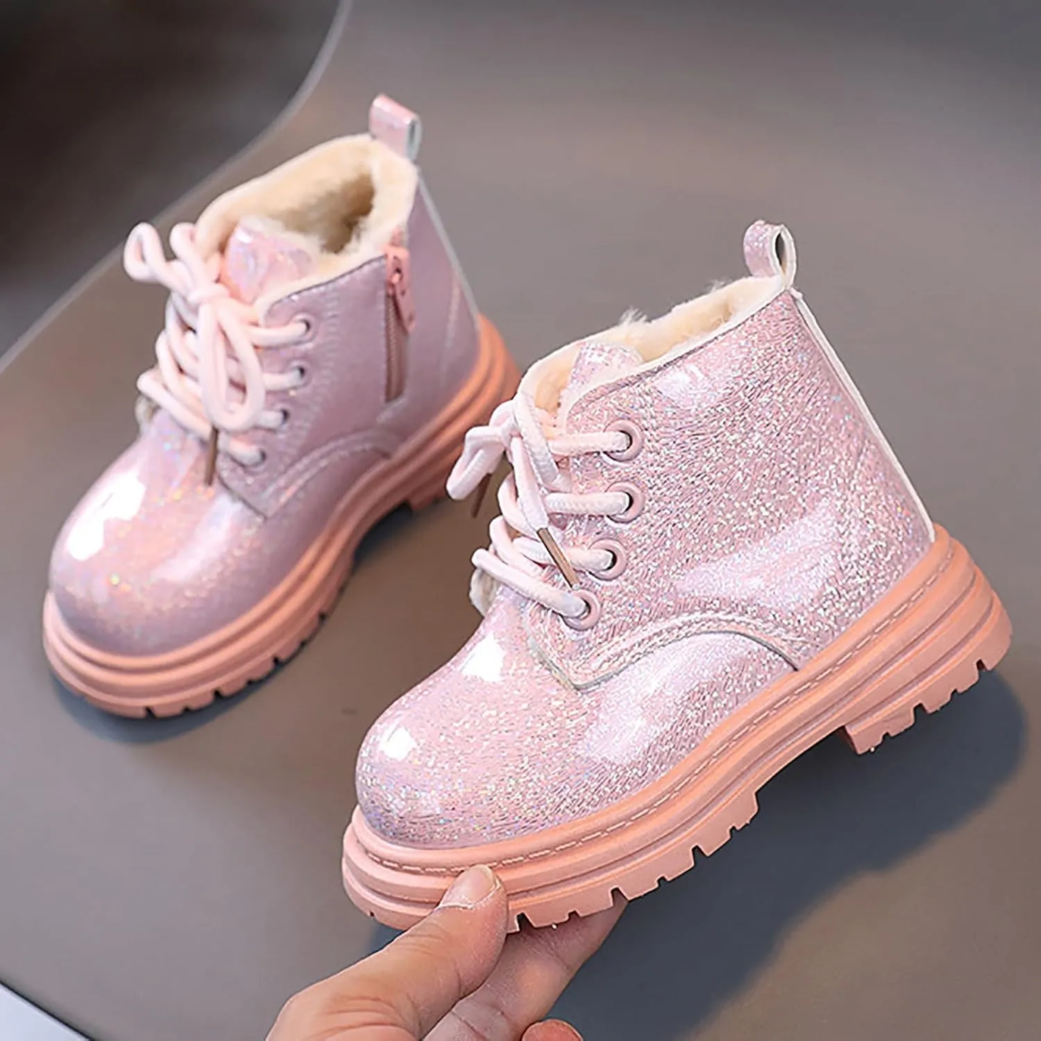 Toddler Winter Boots Little Boys Girls Sparkling Fleece Lined Outdoor Snow Shoes Lace Up Glitter Ankle Boot Shoes
