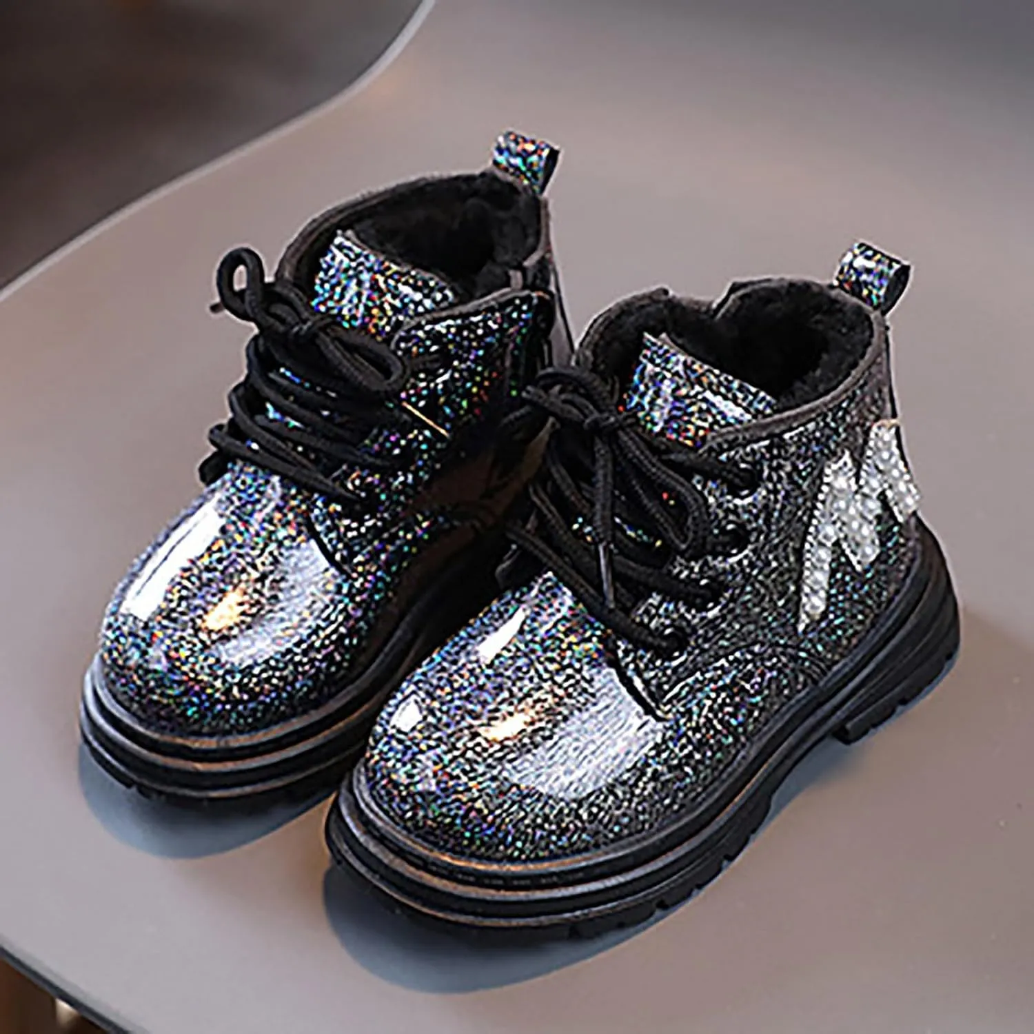 Toddler Winter Boots Little Girls Sparkling Fleece Lined Outdoor Shoes Lace Up Zipper Pearl Glitter Ankle Boot Shoes