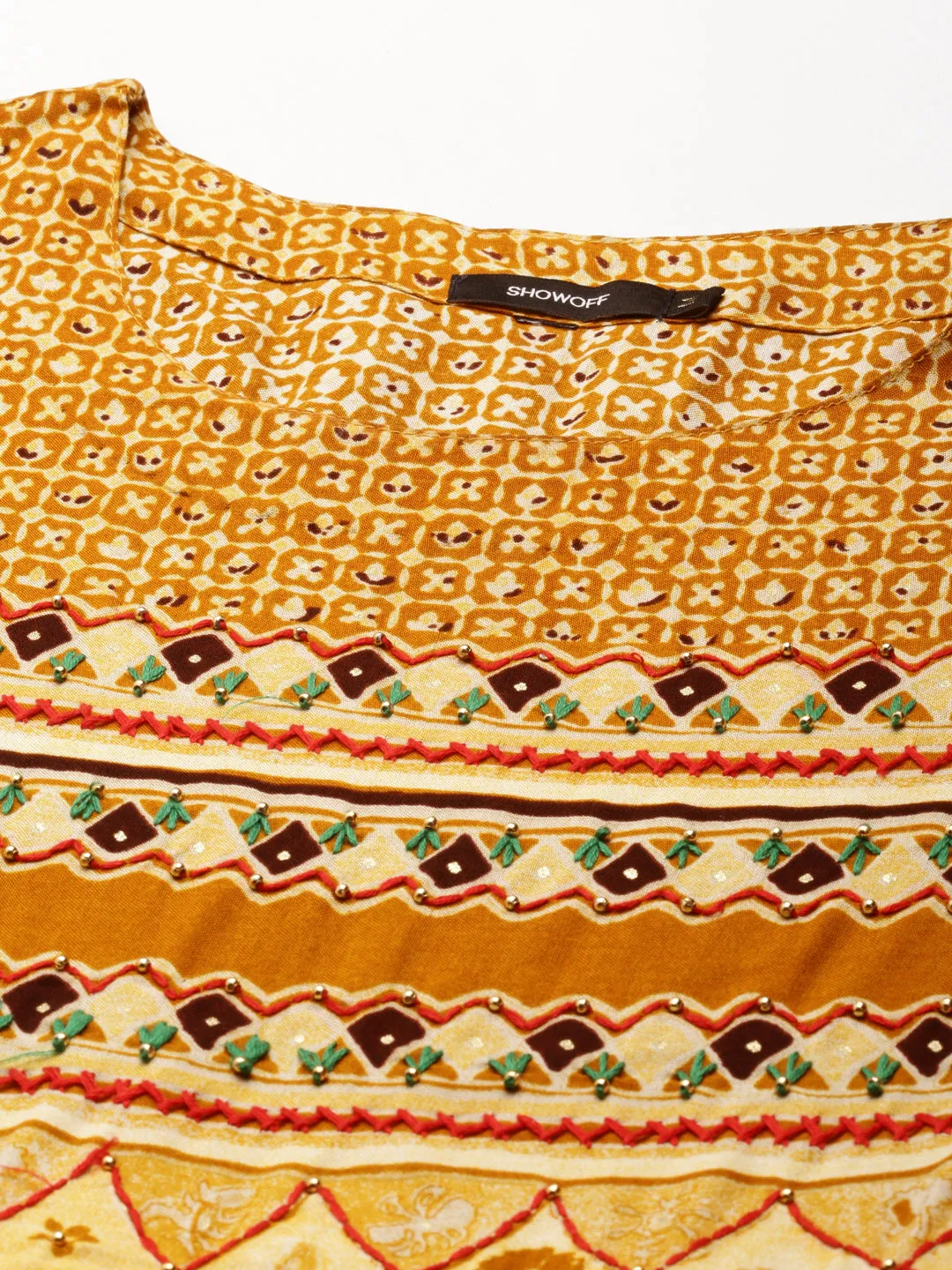 Women Mustard Printed Thread Work Anarkali Kurta