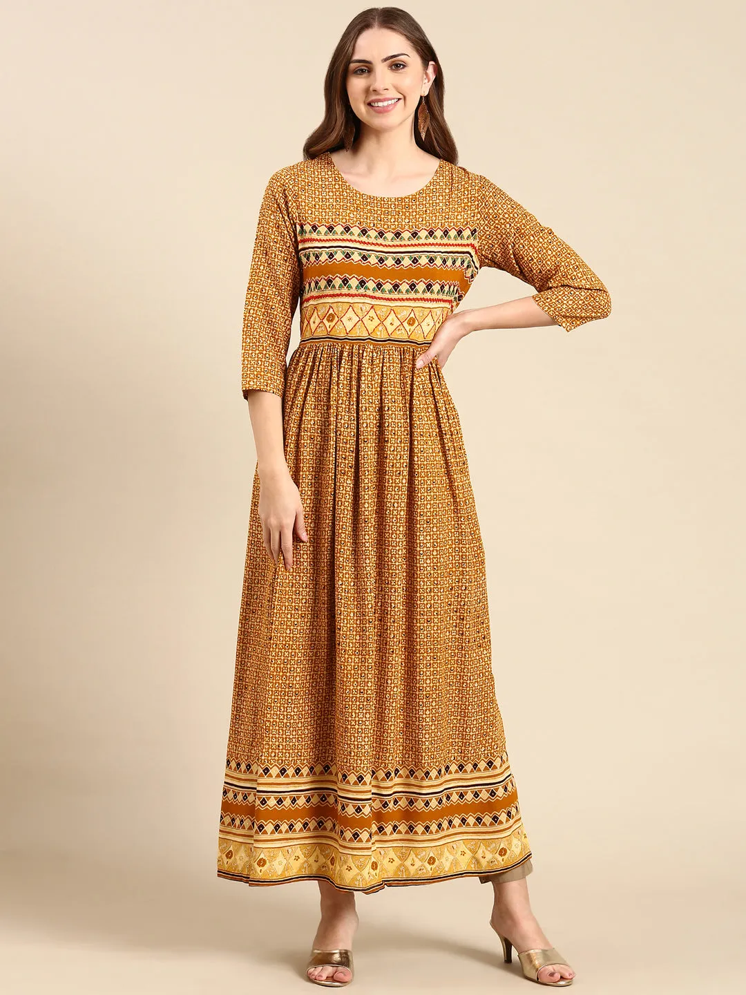 Women Mustard Printed Thread Work Anarkali Kurta