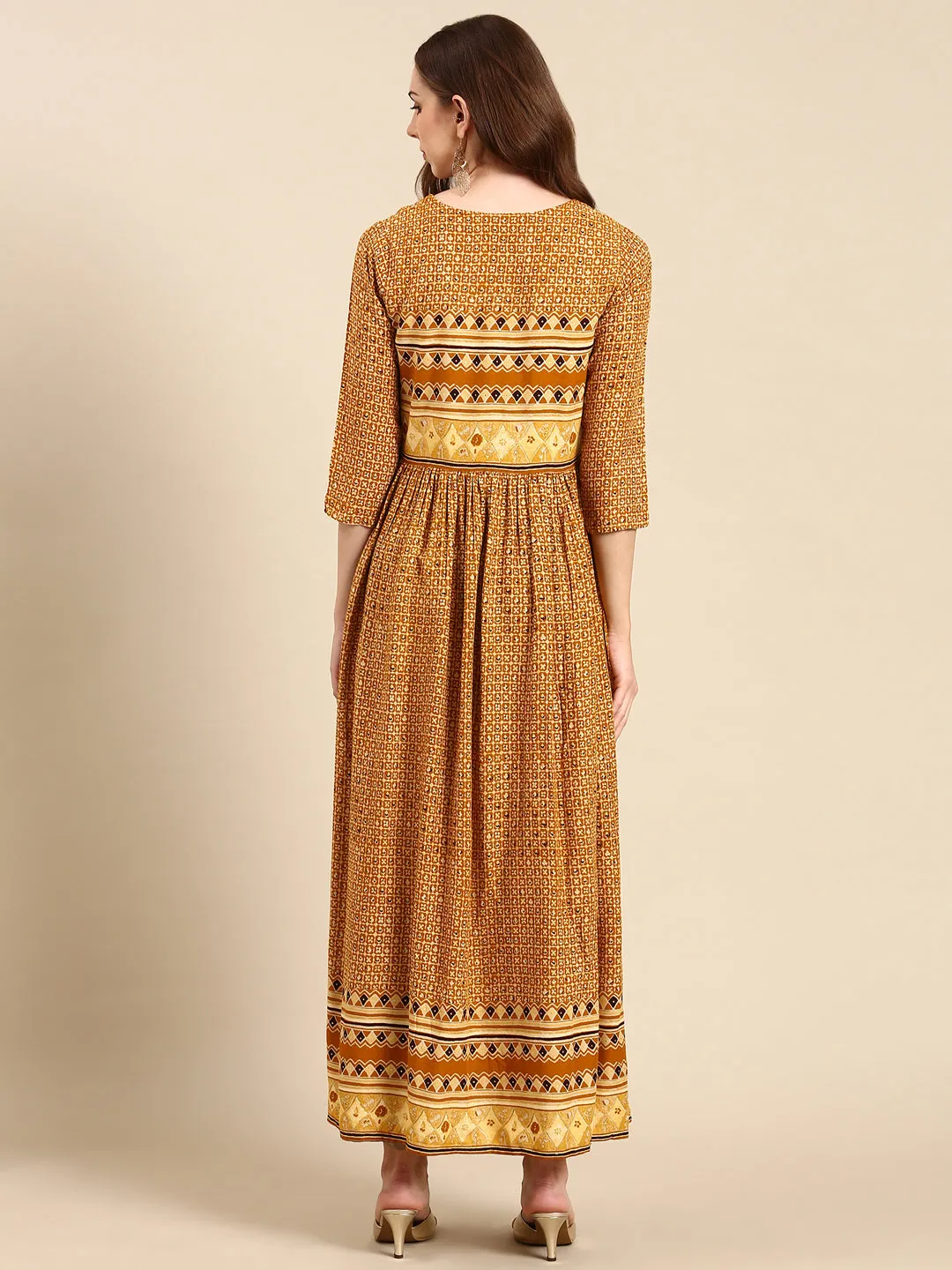 Women Mustard Printed Thread Work Anarkali Kurta