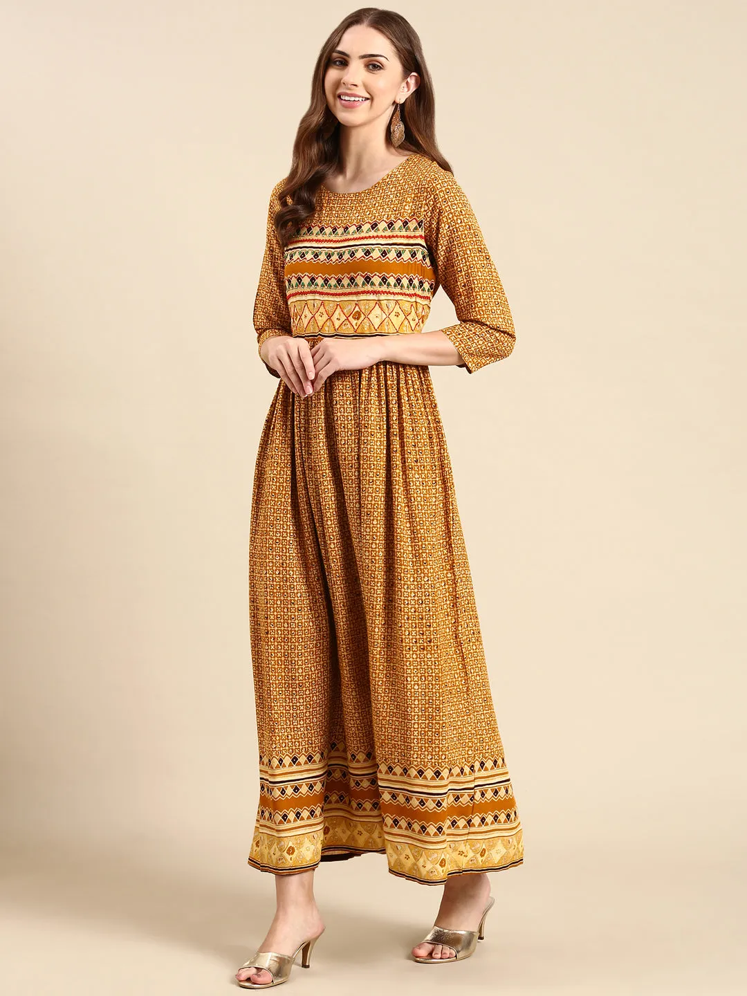 Women Mustard Printed Thread Work Anarkali Kurta