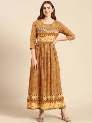 Women Mustard Printed Thread Work Anarkali Kurta