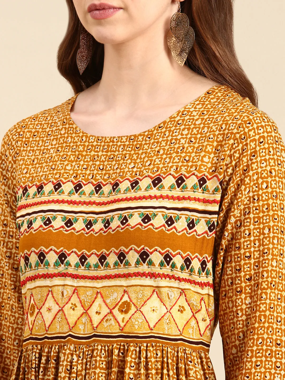 Women Mustard Printed Thread Work Anarkali Kurta