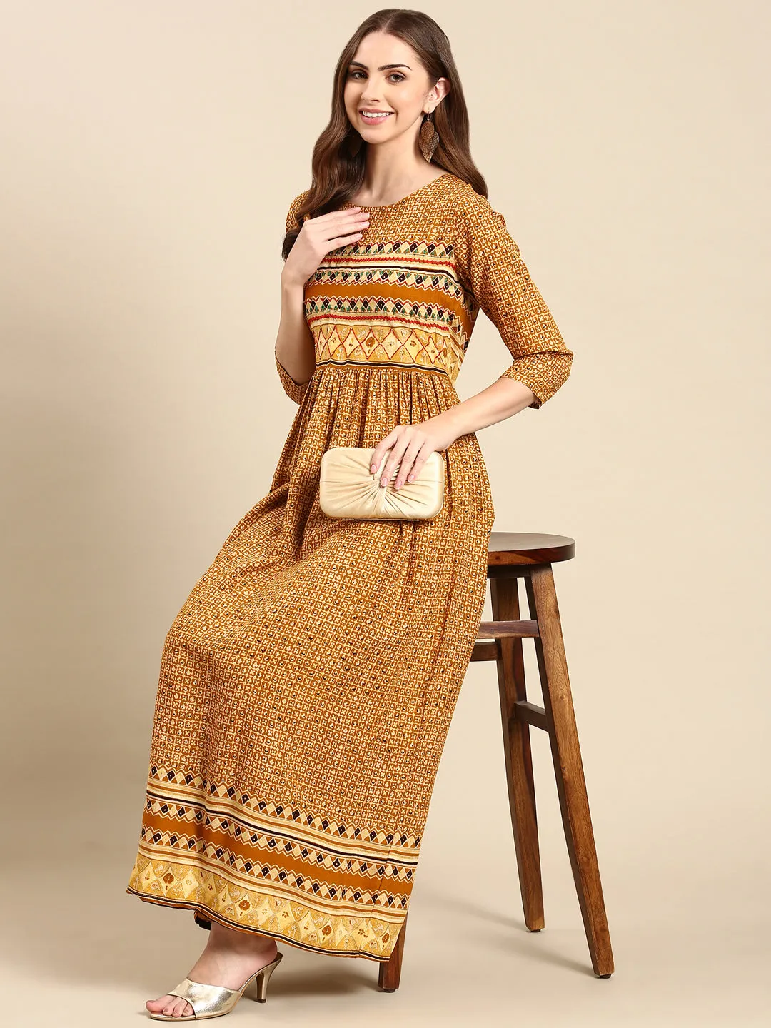 Women Mustard Printed Thread Work Anarkali Kurta