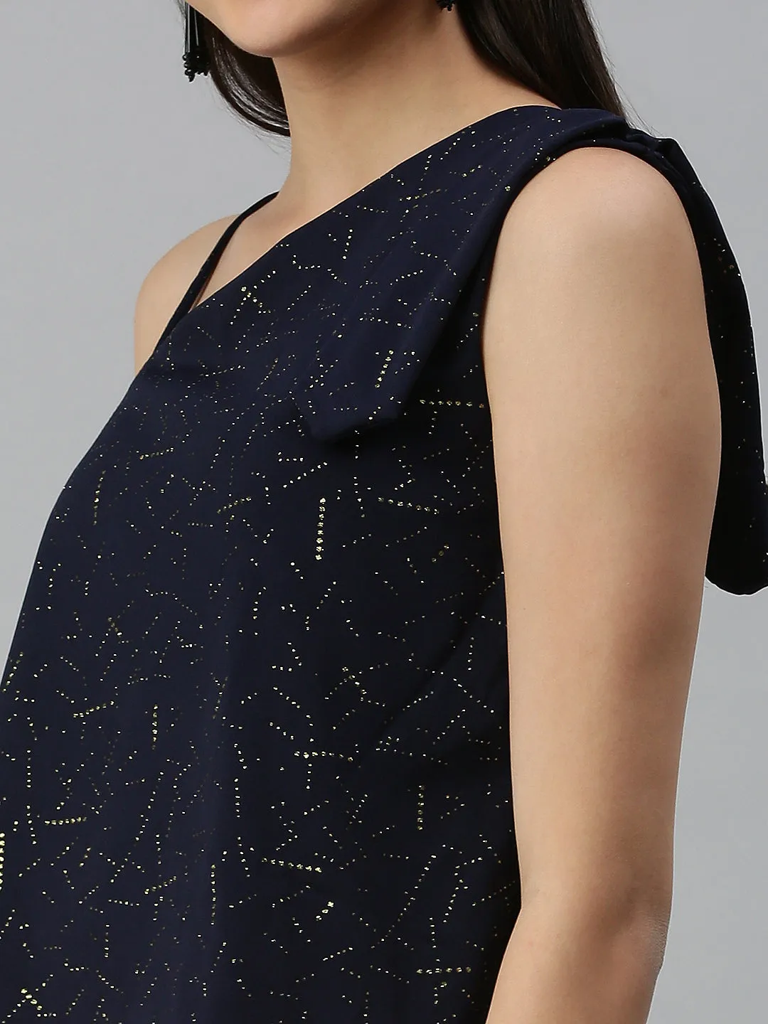 Women Navy Blue Embellished One Shoulder Top