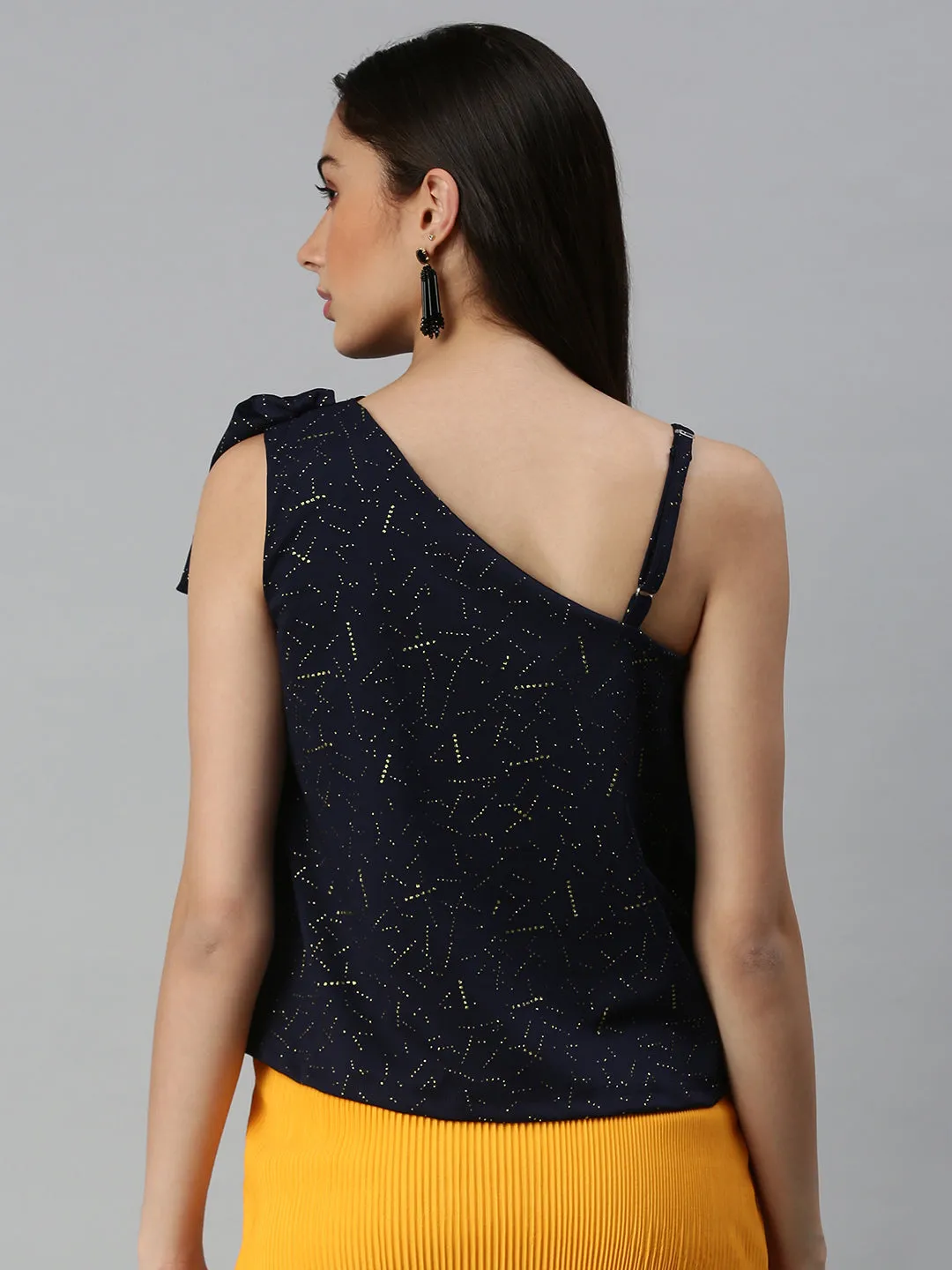 Women Navy Blue Embellished One Shoulder Top
