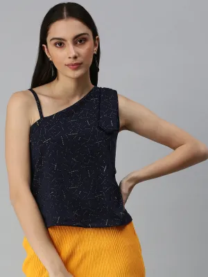 Women Navy Blue Embellished One Shoulder Top