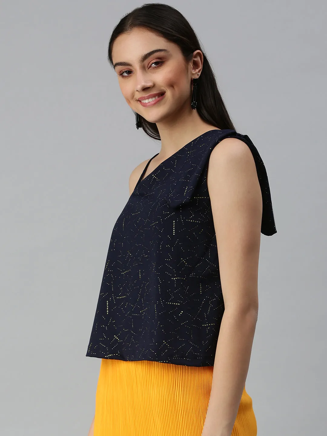 Women Navy Blue Embellished One Shoulder Top