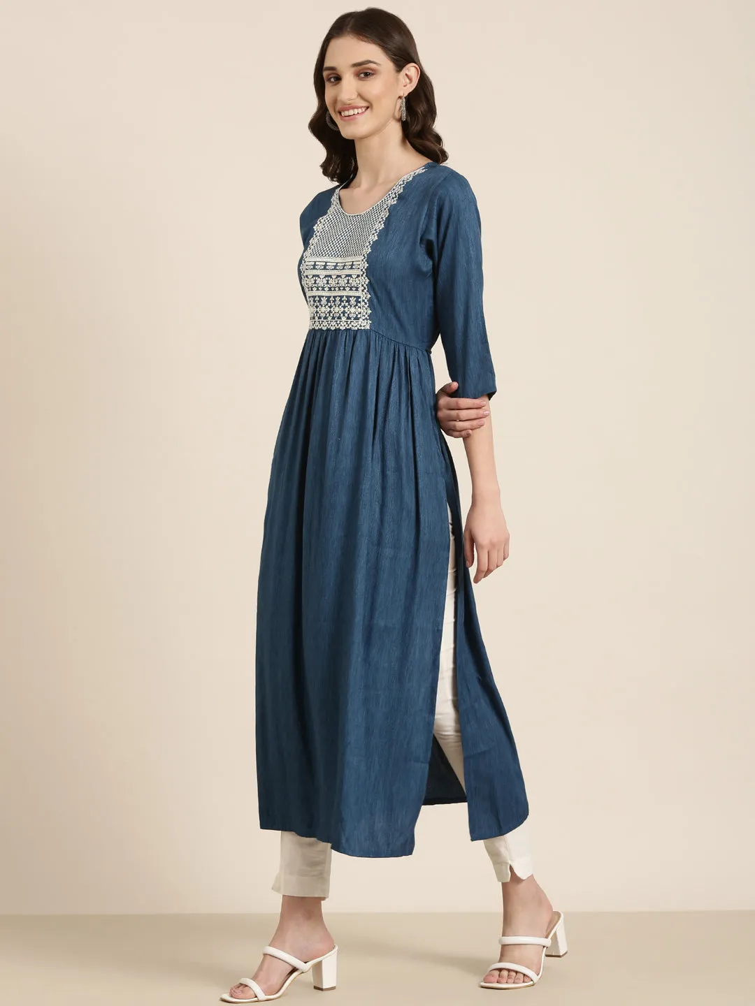 Women Teal Ethnic Motifs Thread Work Anarkali Kurta