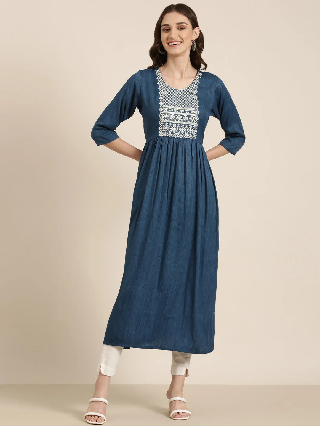 Women Teal Ethnic Motifs Thread Work Anarkali Kurta