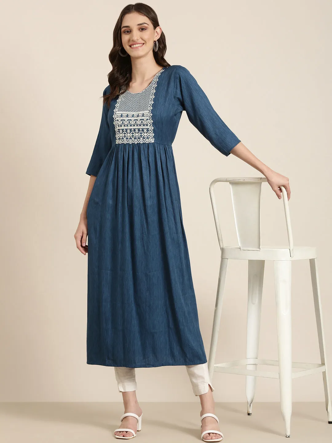 Women Teal Ethnic Motifs Thread Work Anarkali Kurta