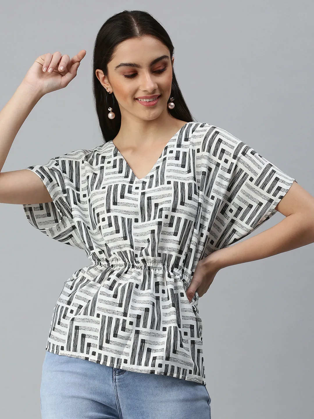 Women White Geometric Printed Crepe Top
