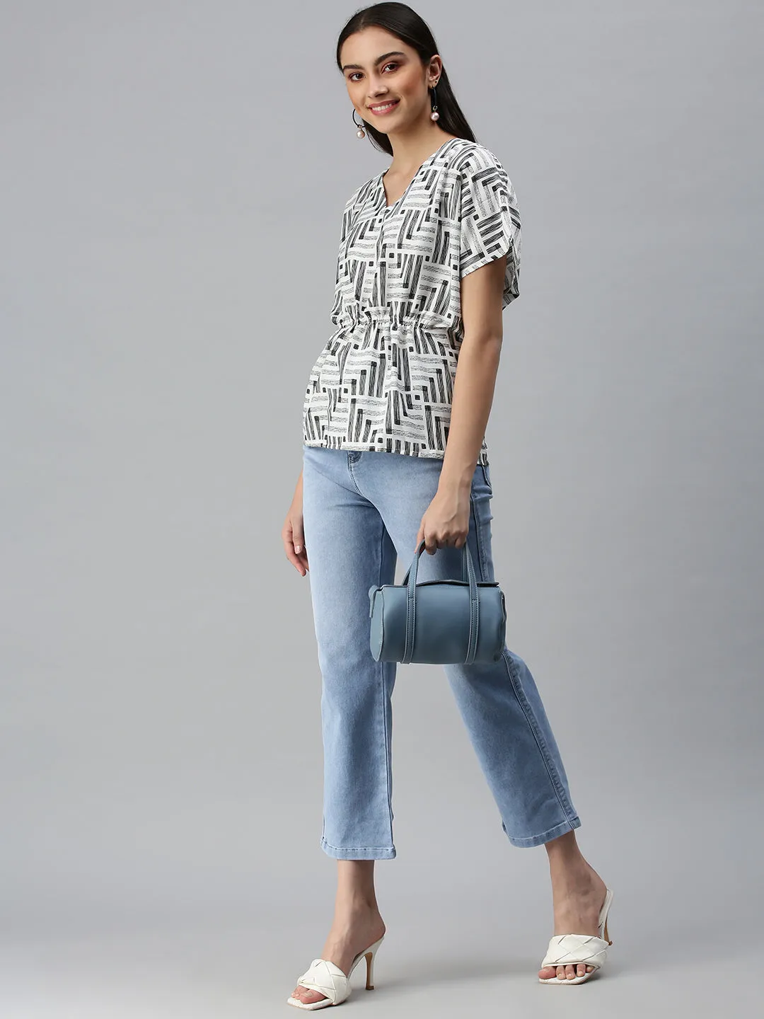 Women White Geometric Printed Crepe Top