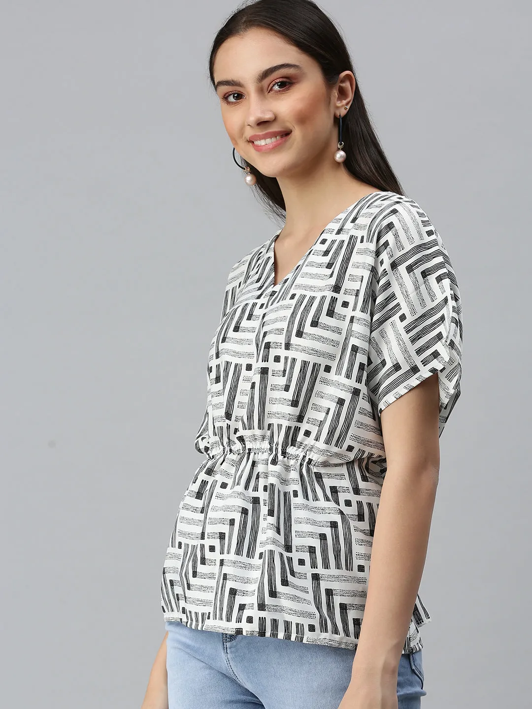 Women White Geometric Printed Crepe Top