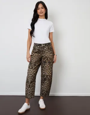 Women's Leopard Print Barrel Leg Denim Jeans