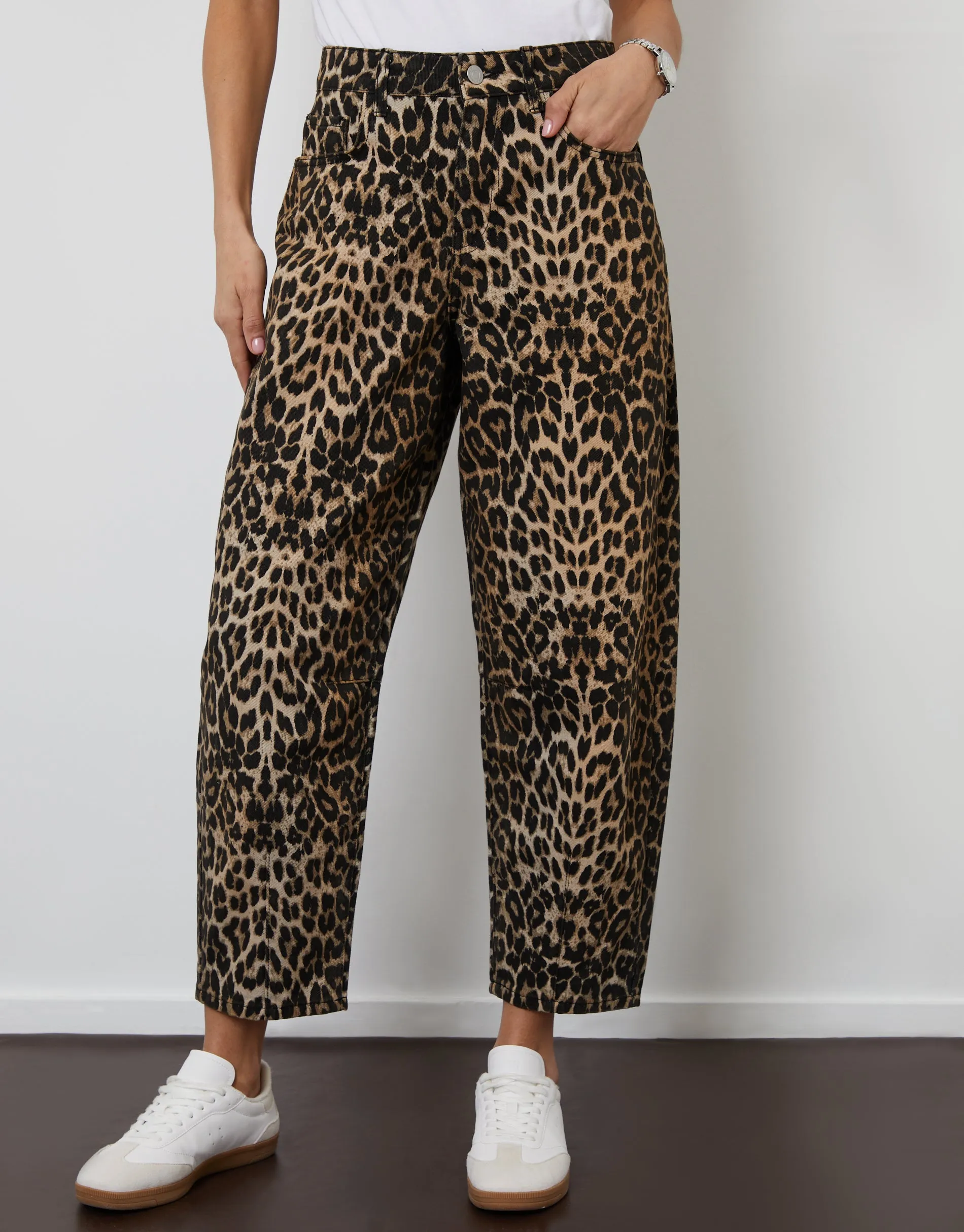 Women's Leopard Print Barrel Leg Denim Jeans
