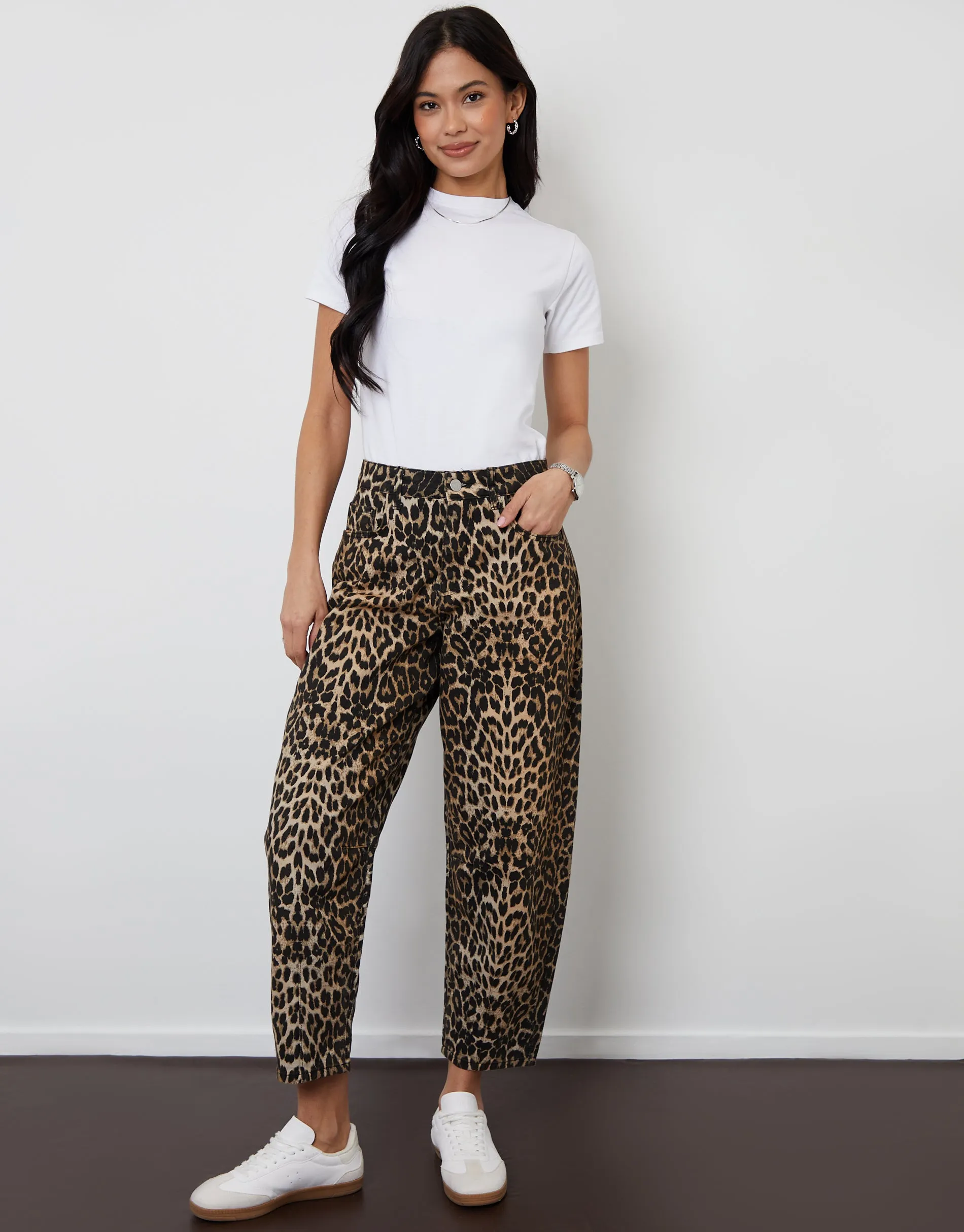 Women's Leopard Print Barrel Leg Denim Jeans