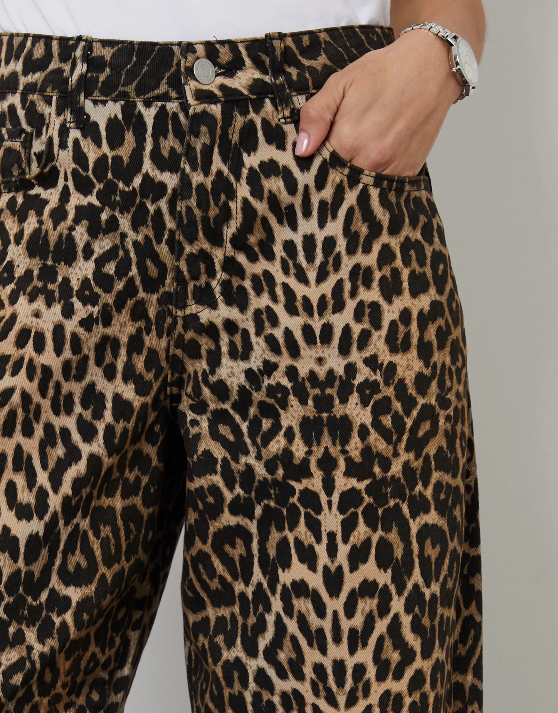 Women's Leopard Print Barrel Leg Denim Jeans