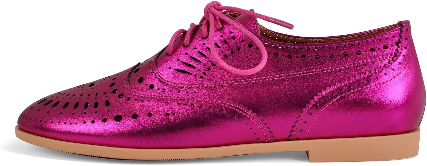 Women's Metallic Leather Oxfords Perforated Lace-up Wingtips Flats Chic Casual Brogue Dress Shoes
