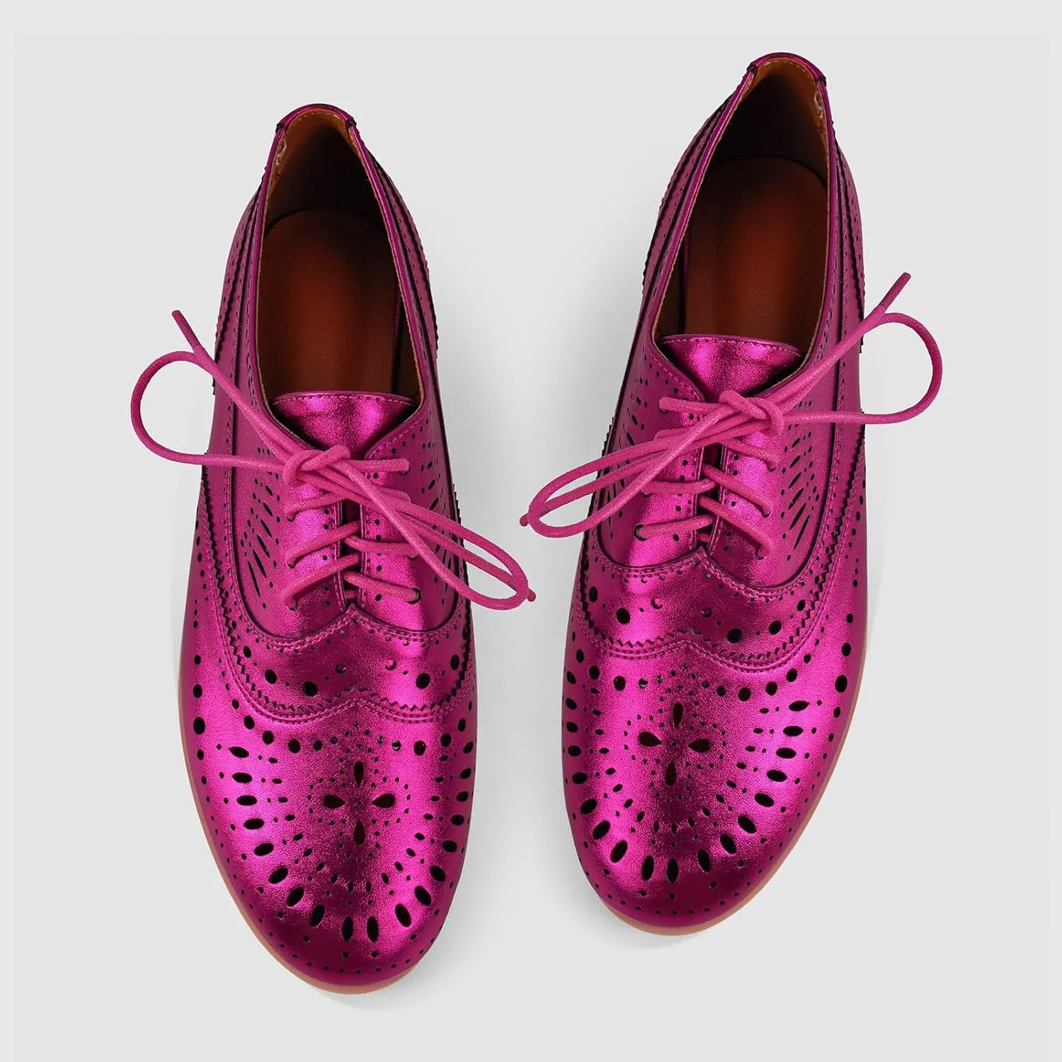 Women's Metallic Leather Oxfords Perforated Lace-up Wingtips Flats Chic Casual Brogue Dress Shoes