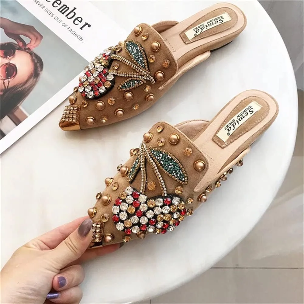 Women's Pointed Toe Rhinestone Mules Suede Slip-on Mules Slides Rivet Mules Flats Dress Sandals