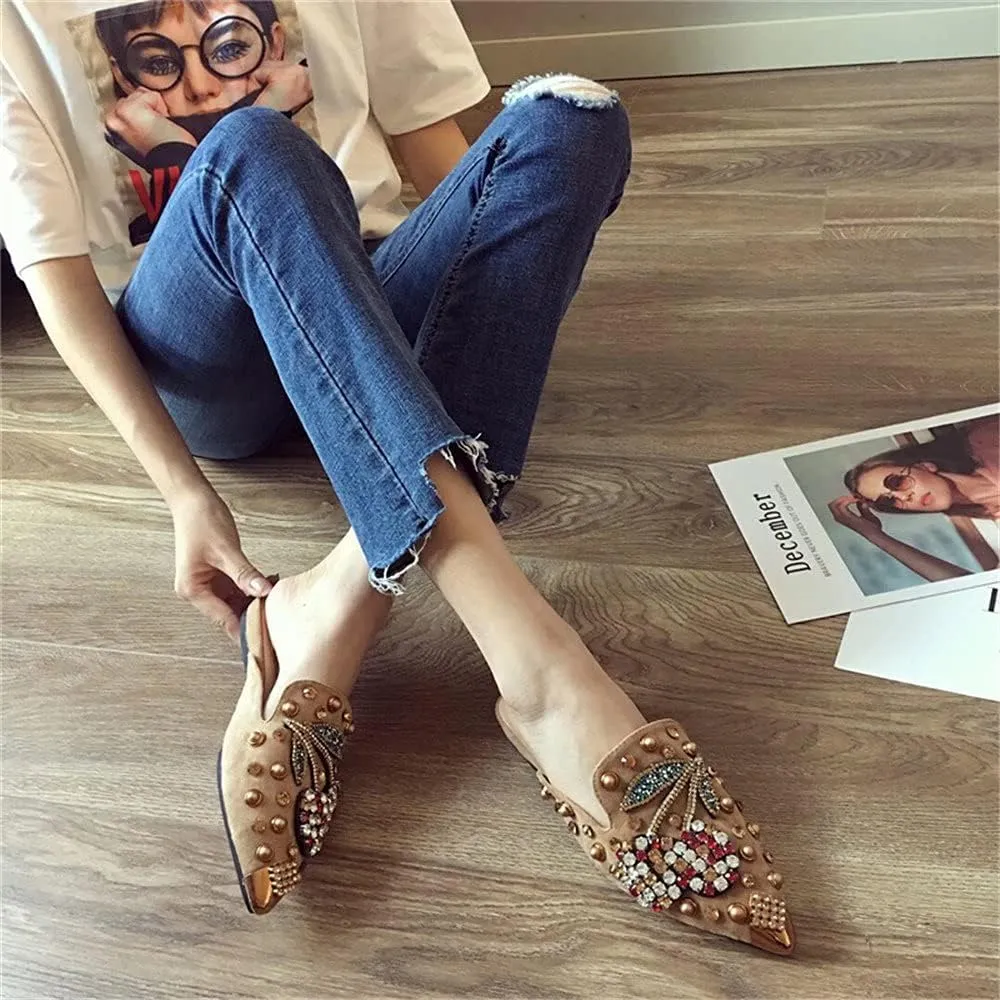 Women's Pointed Toe Rhinestone Mules Suede Slip-on Mules Slides Rivet Mules Flats Dress Sandals