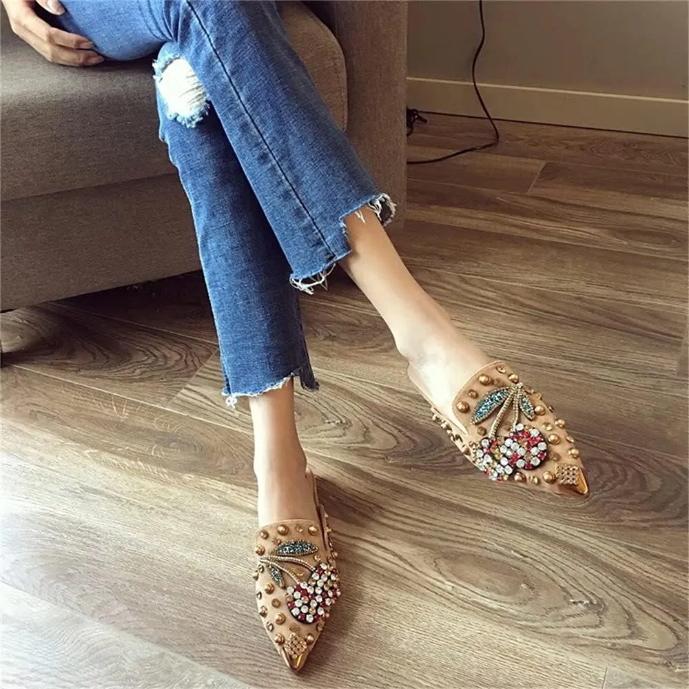 Women's Pointed Toe Rhinestone Mules Suede Slip-on Mules Slides Rivet Mules Flats Dress Sandals