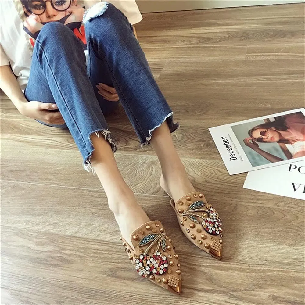 Women's Pointed Toe Rhinestone Mules Suede Slip-on Mules Slides Rivet Mules Flats Dress Sandals