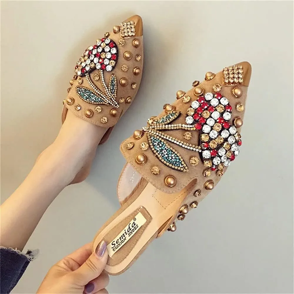Women's Pointed Toe Rhinestone Mules Suede Slip-on Mules Slides Rivet Mules Flats Dress Sandals