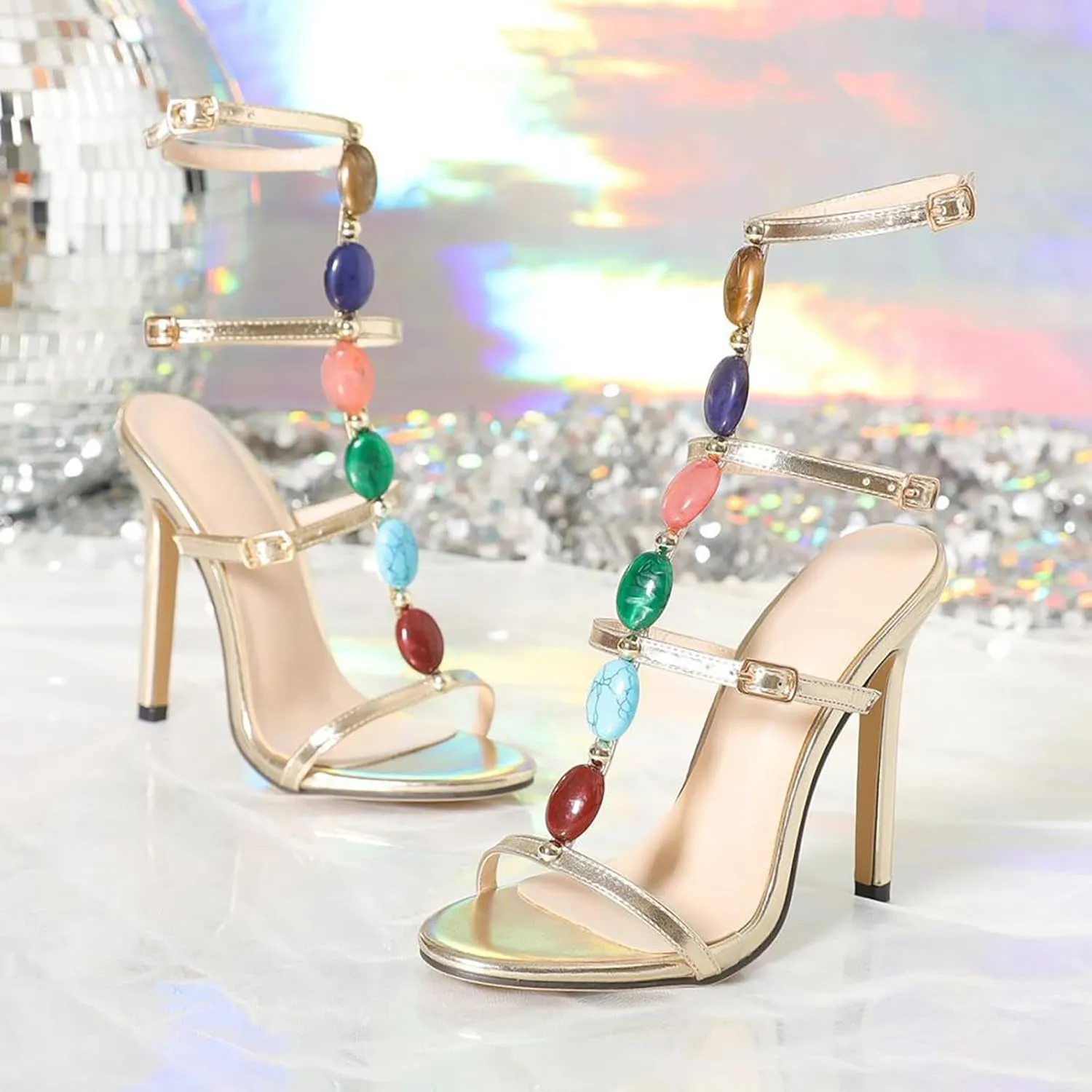 Women's Sexy Heel Sandals Summer Stiletto Heel Trendy 2024 Pearl Dressy Beach Spring Comfy Cute Fashion, 7, Gold